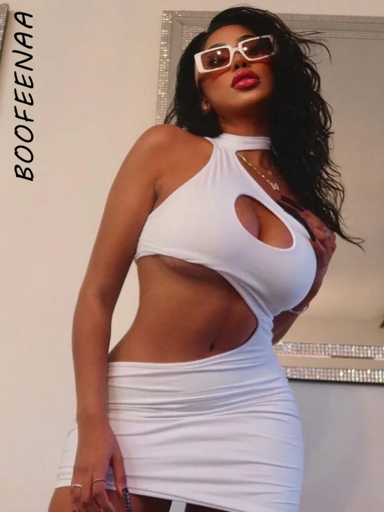 Irregular Cut Out Mini Bodycon Dress Summer Going Out Club Wear Outfits White Black Dresses