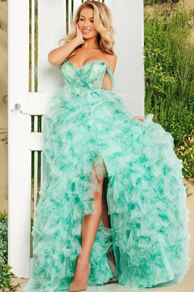 Jovani 38606 Long Prom Dress  Ballgown Corset Off Shoulder Layered Tiered Skirt Slit Formal Pageant Gown