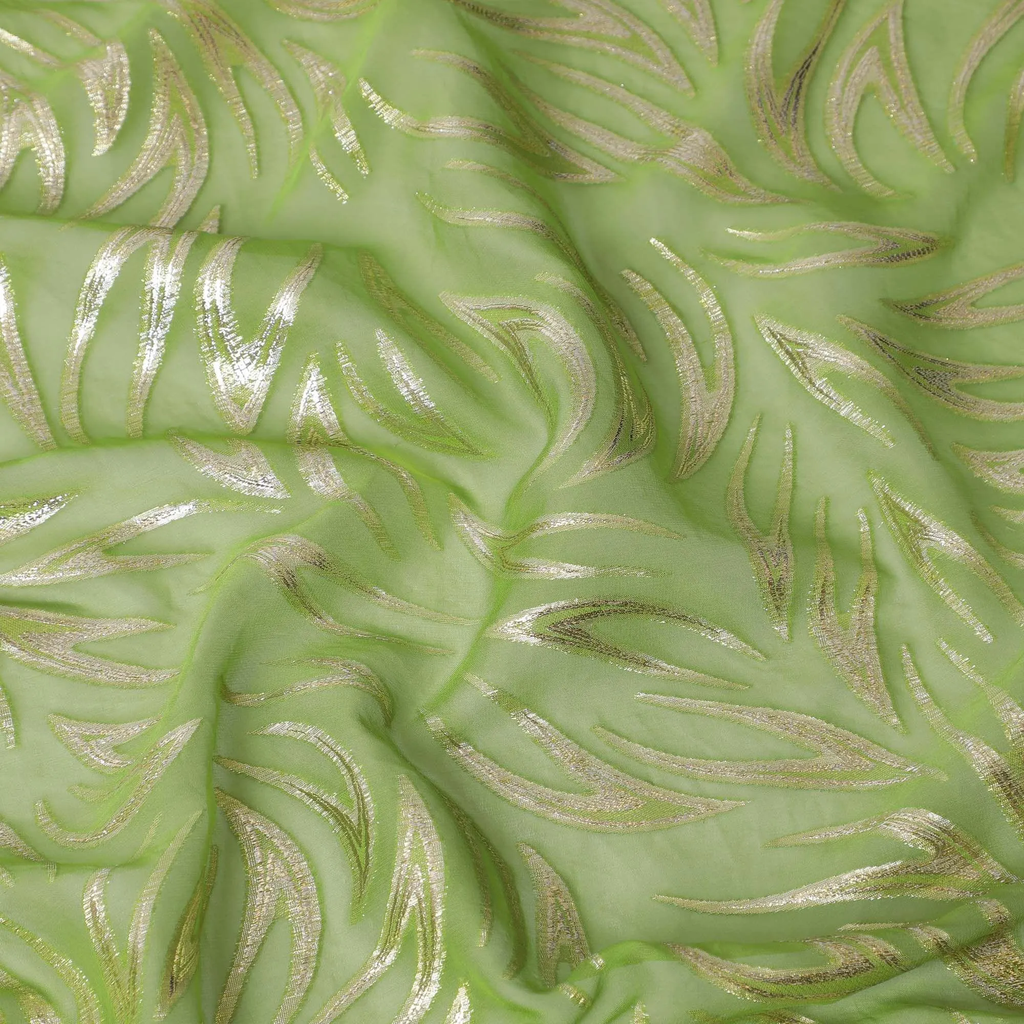 Kelly green Premium pure silk chiffon fabric with gold metallic lurex in fancy design-D13274