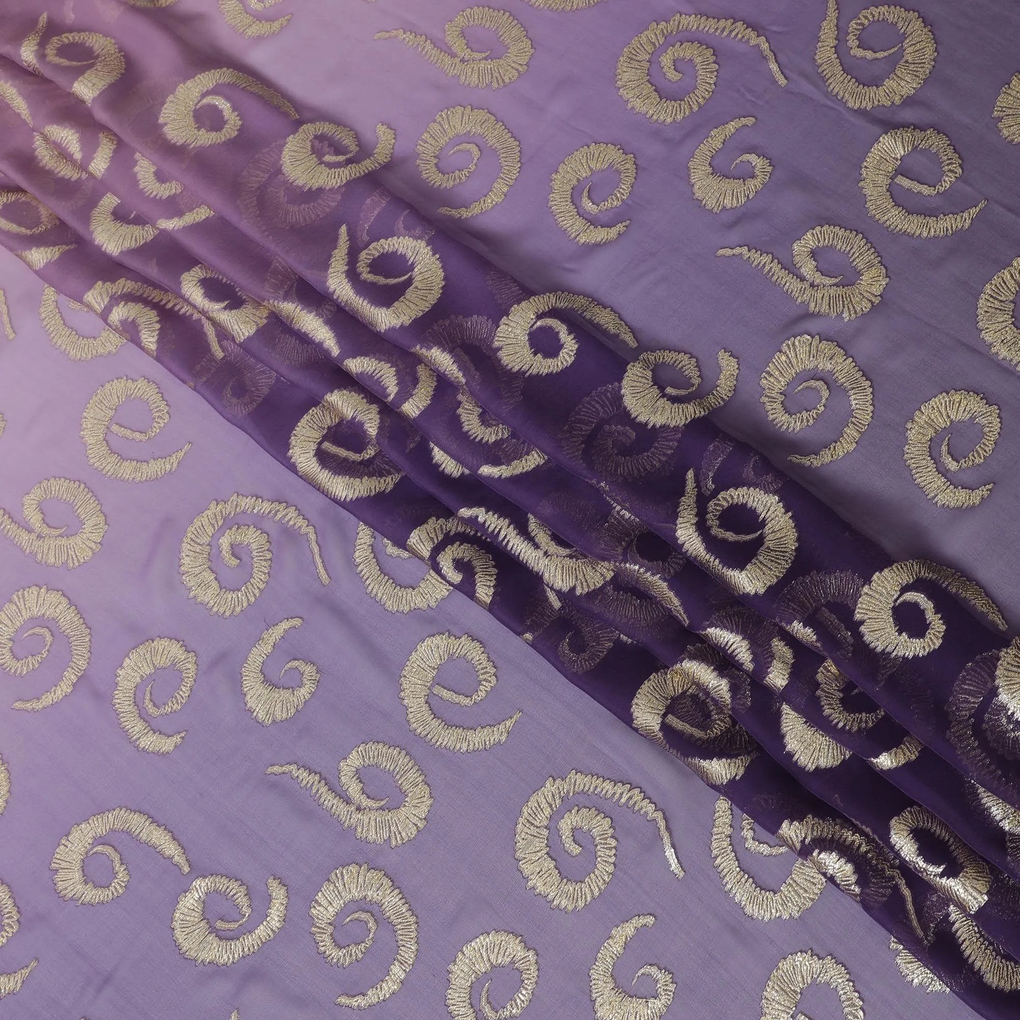 Lavender to purple premium pure silk chiffon fabric with gold metallic lurex in ombre design-D13716