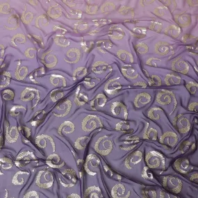 Lavender to purple premium pure silk chiffon fabric with gold metallic lurex in ombre design-D13716