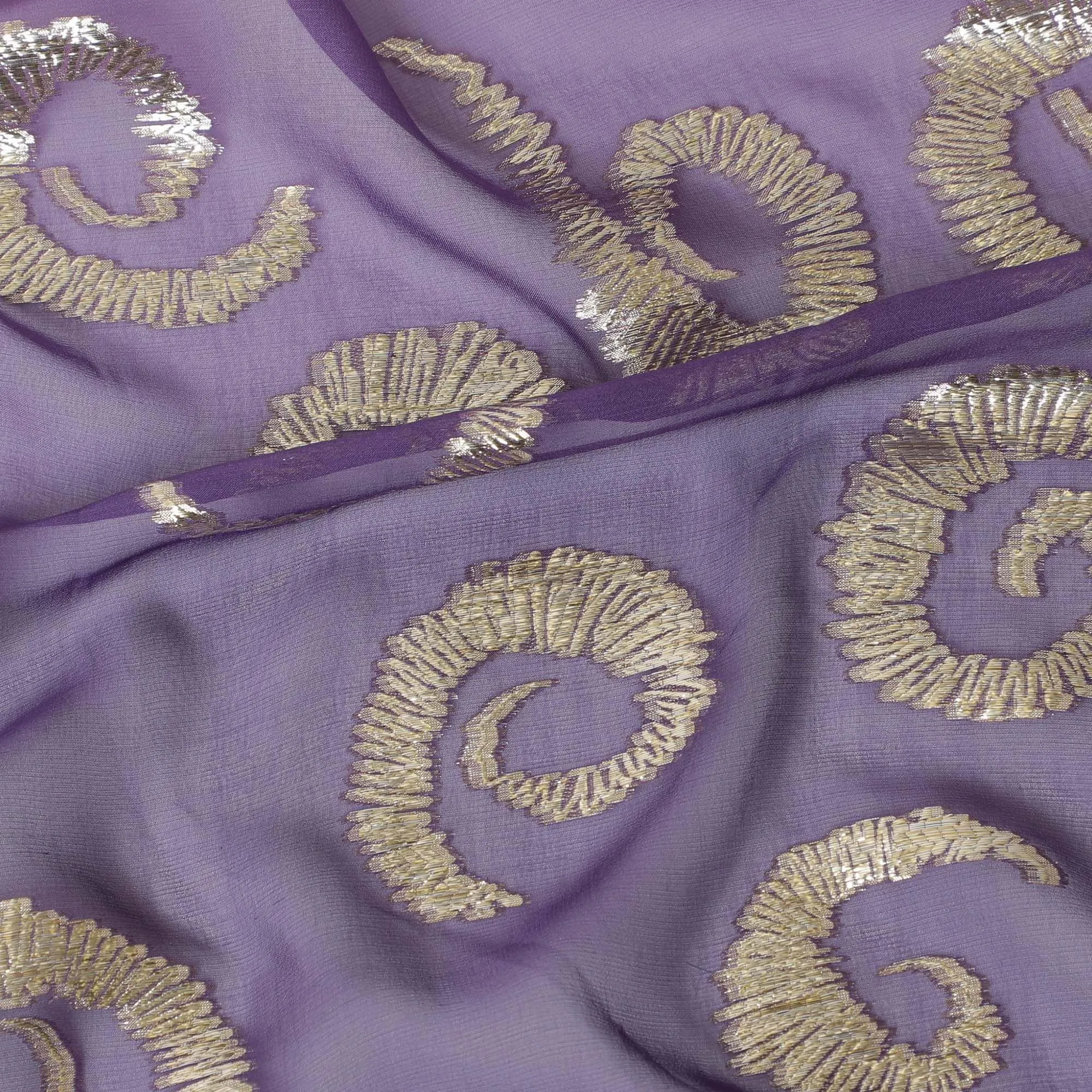 Lavender to purple premium pure silk chiffon fabric with gold metallic lurex in ombre design-D13716