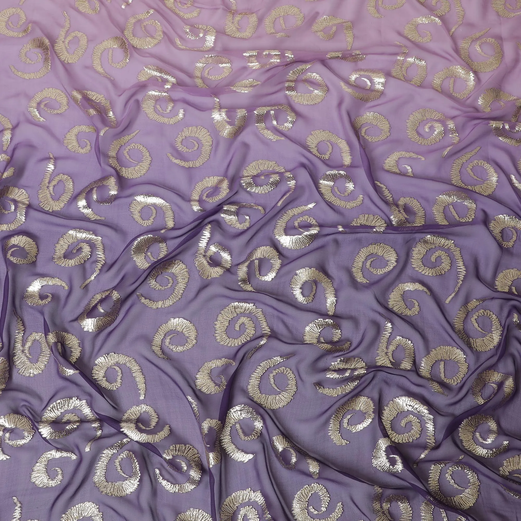 Lavender to purple premium pure silk chiffon fabric with gold metallic lurex in ombre design-D13716