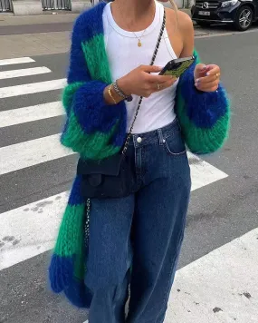 Lazy Style Knitted Contrasting Striped Sweater Long  Overcoat
