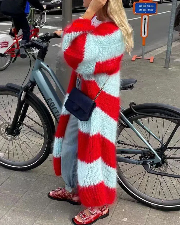 Lazy Style Knitted Contrasting Striped Sweater Long  Overcoat