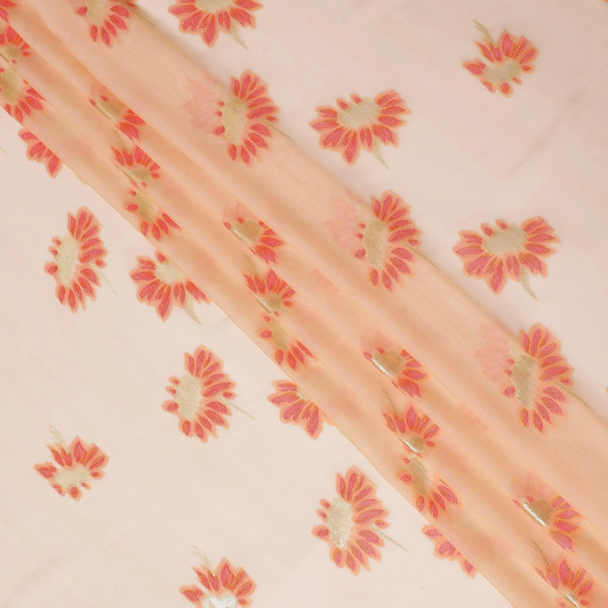 Light peach Premium pure silk chiffon fabric with peach viscose having gold metallic lurex in floral design-D14233