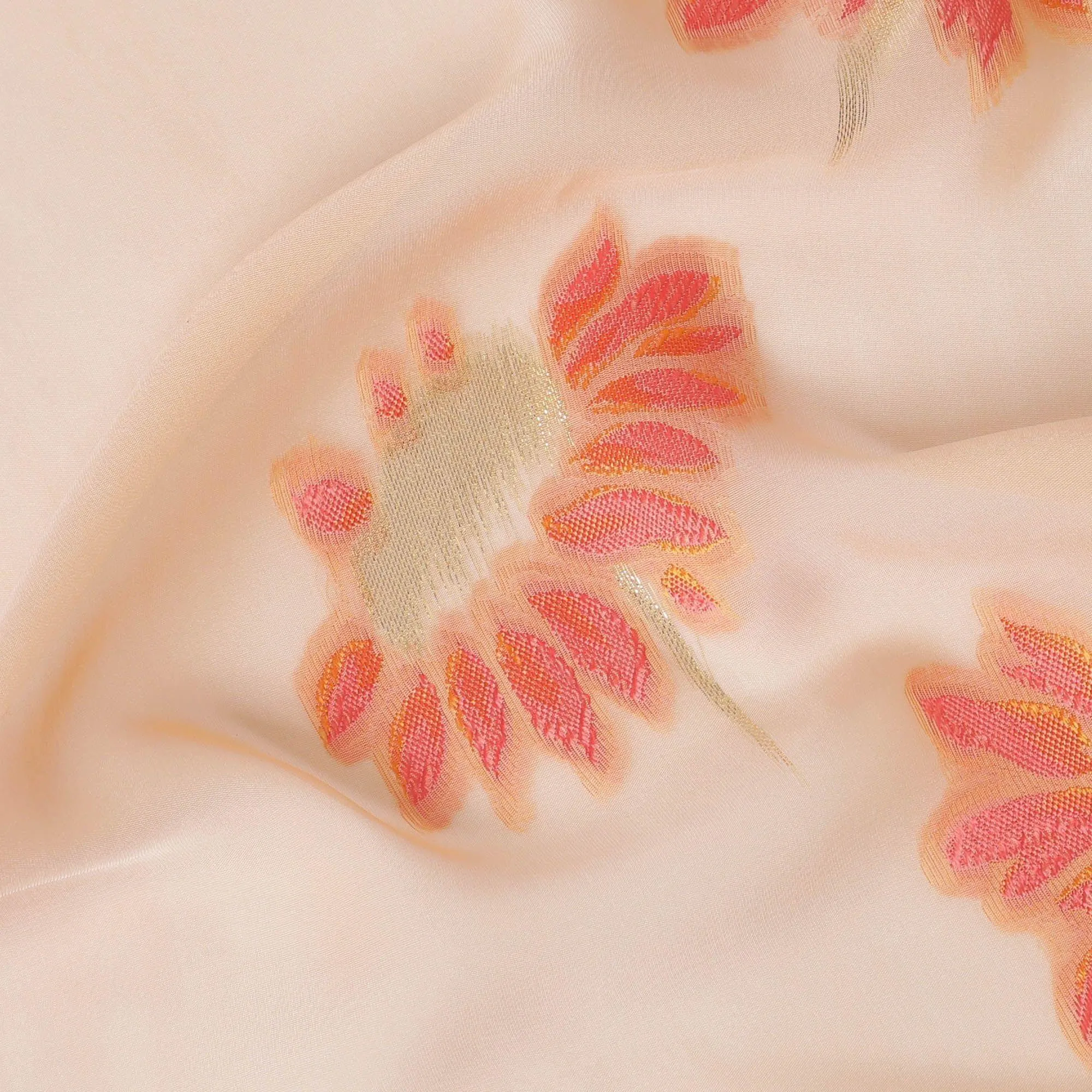 Light peach Premium pure silk chiffon fabric with peach viscose having gold metallic lurex in floral design-D14233