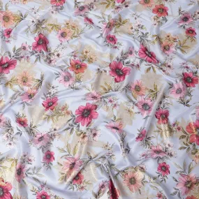 Light sky blue premium pure silk chiffon fabric with olive green and pink print having gold metallic lurex in floral design-D10581