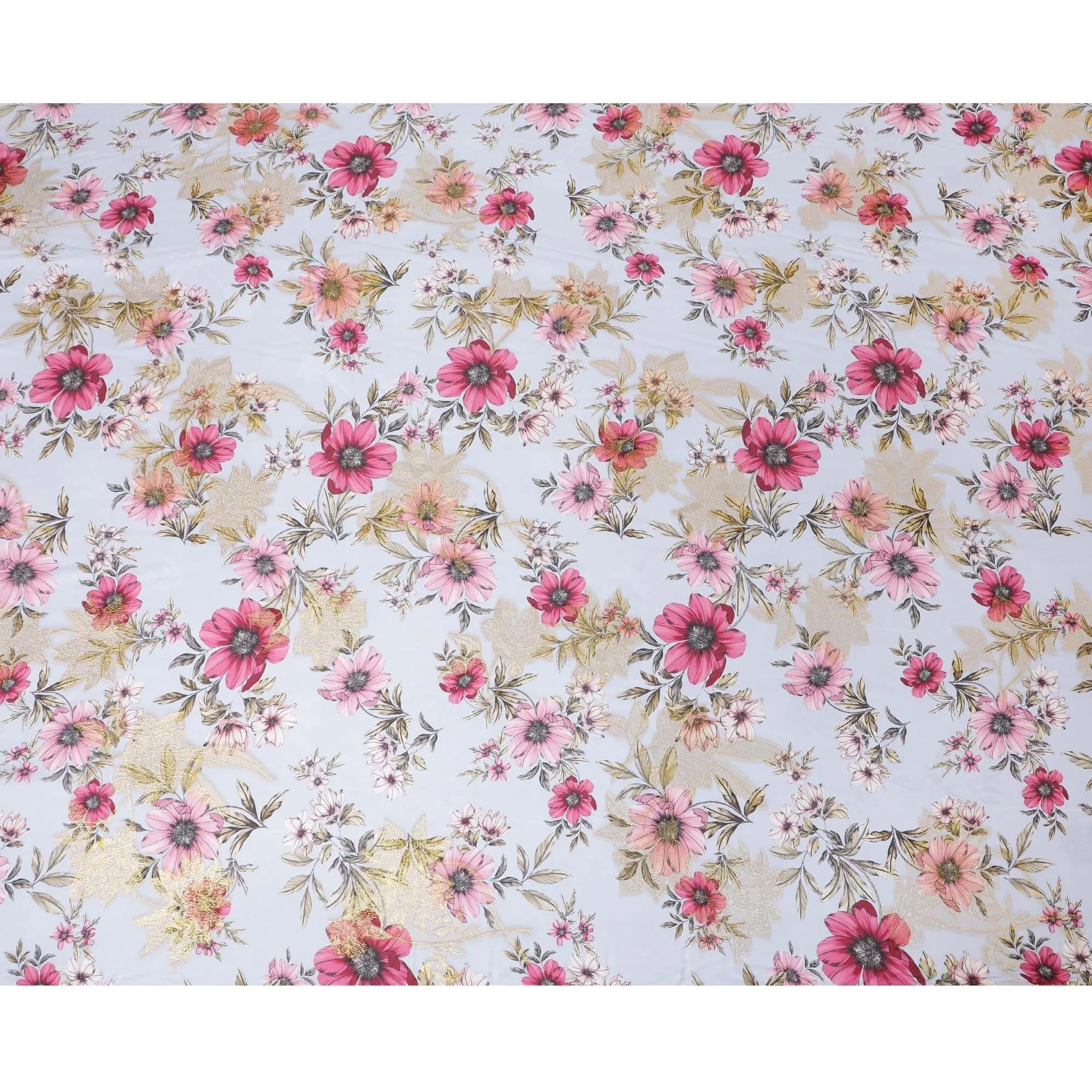 Light sky blue premium pure silk chiffon fabric with olive green and pink print having gold metallic lurex in floral design-D10581
