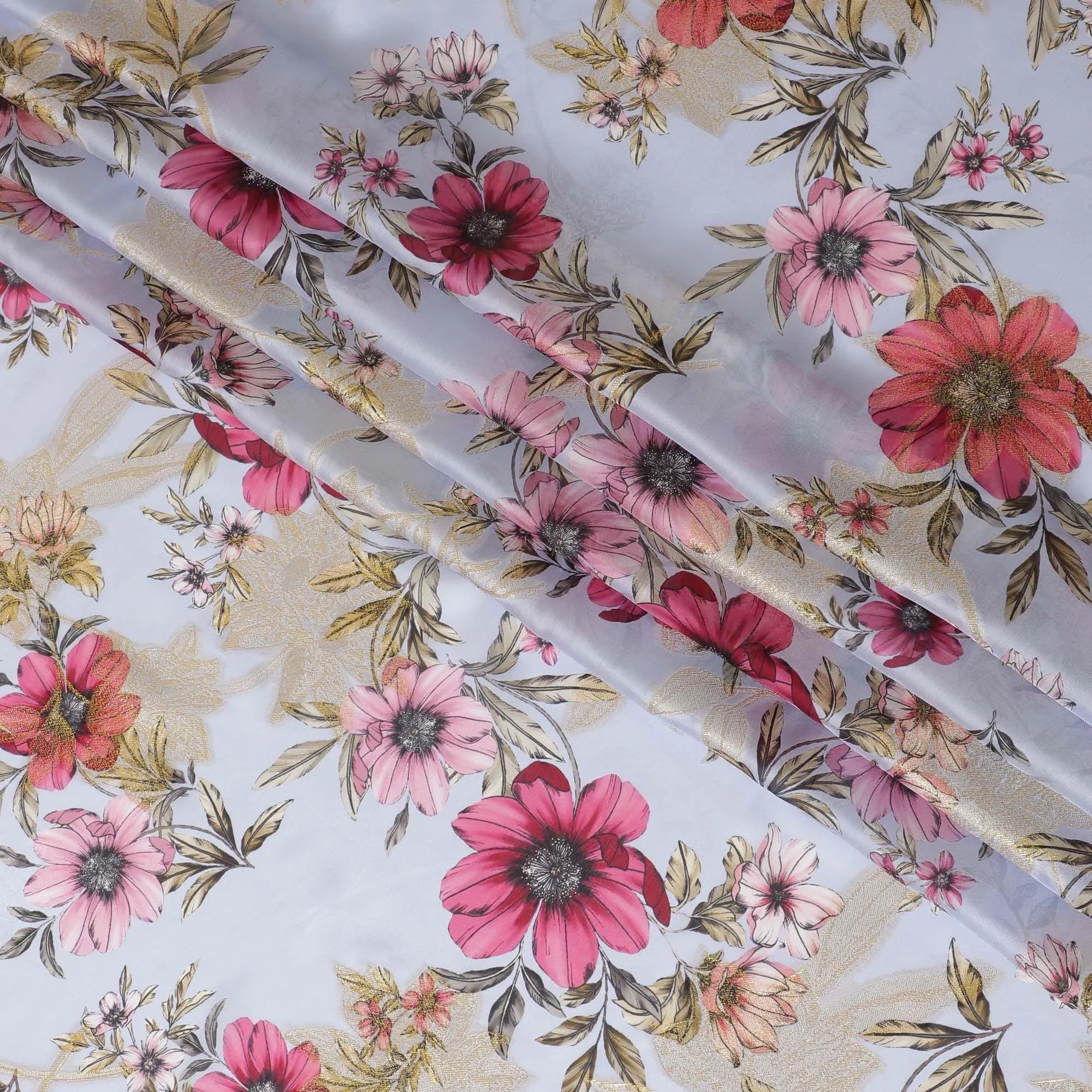 Light sky blue premium pure silk chiffon fabric with olive green and pink print having gold metallic lurex in floral design-D10581