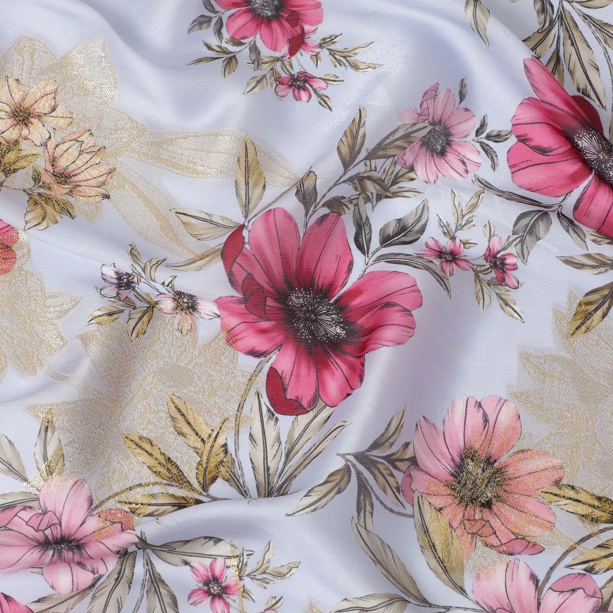 Light sky blue premium pure silk chiffon fabric with olive green and pink print having gold metallic lurex in floral design-D10581