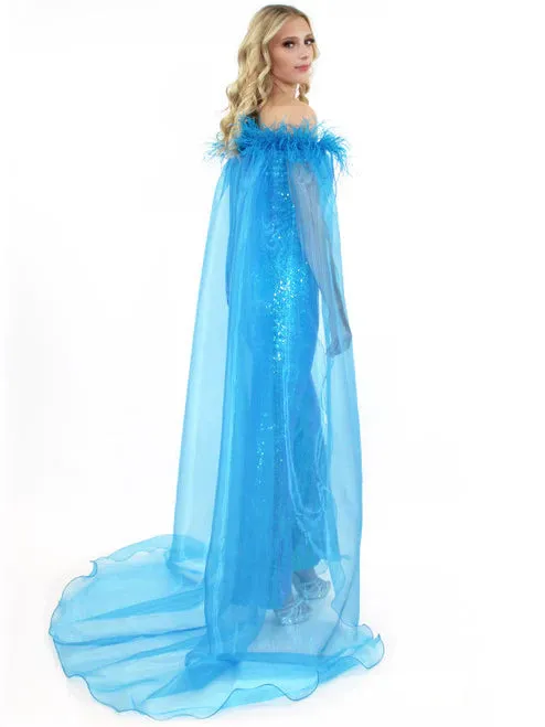 Marc Defang 8099 Size 12 Hot Pink Pageant Jumpsuit sequins off the shoulder straps cape and feathers