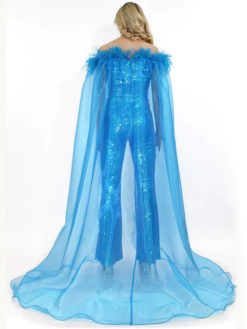 Marc Defang 8099 Size 12 Hot Pink Pageant Jumpsuit sequins off the shoulder straps cape and feathers