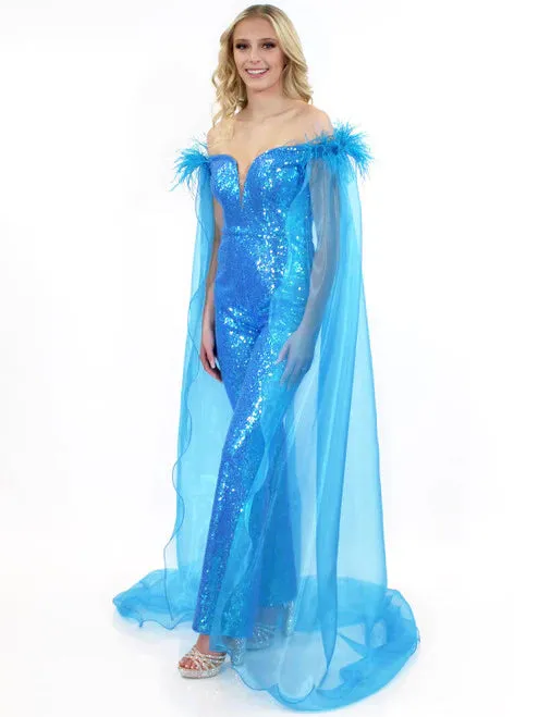 Marc Defang 8099 Size 12 Hot Pink Pageant Jumpsuit sequins off the shoulder straps cape and feathers