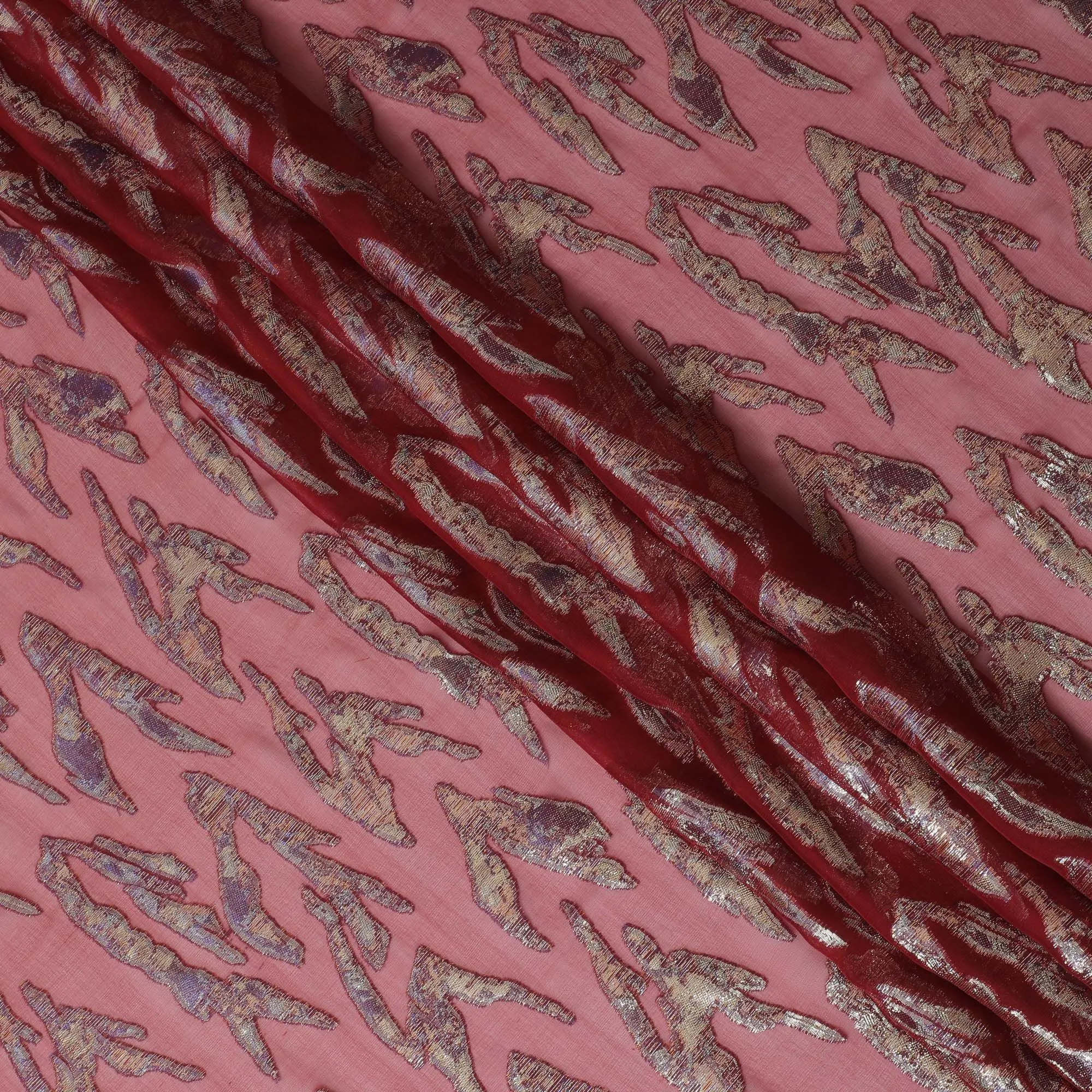 Maroon Premium pure silk chiffon fabric with gold and purple metallic lurex in abstract design-D17219