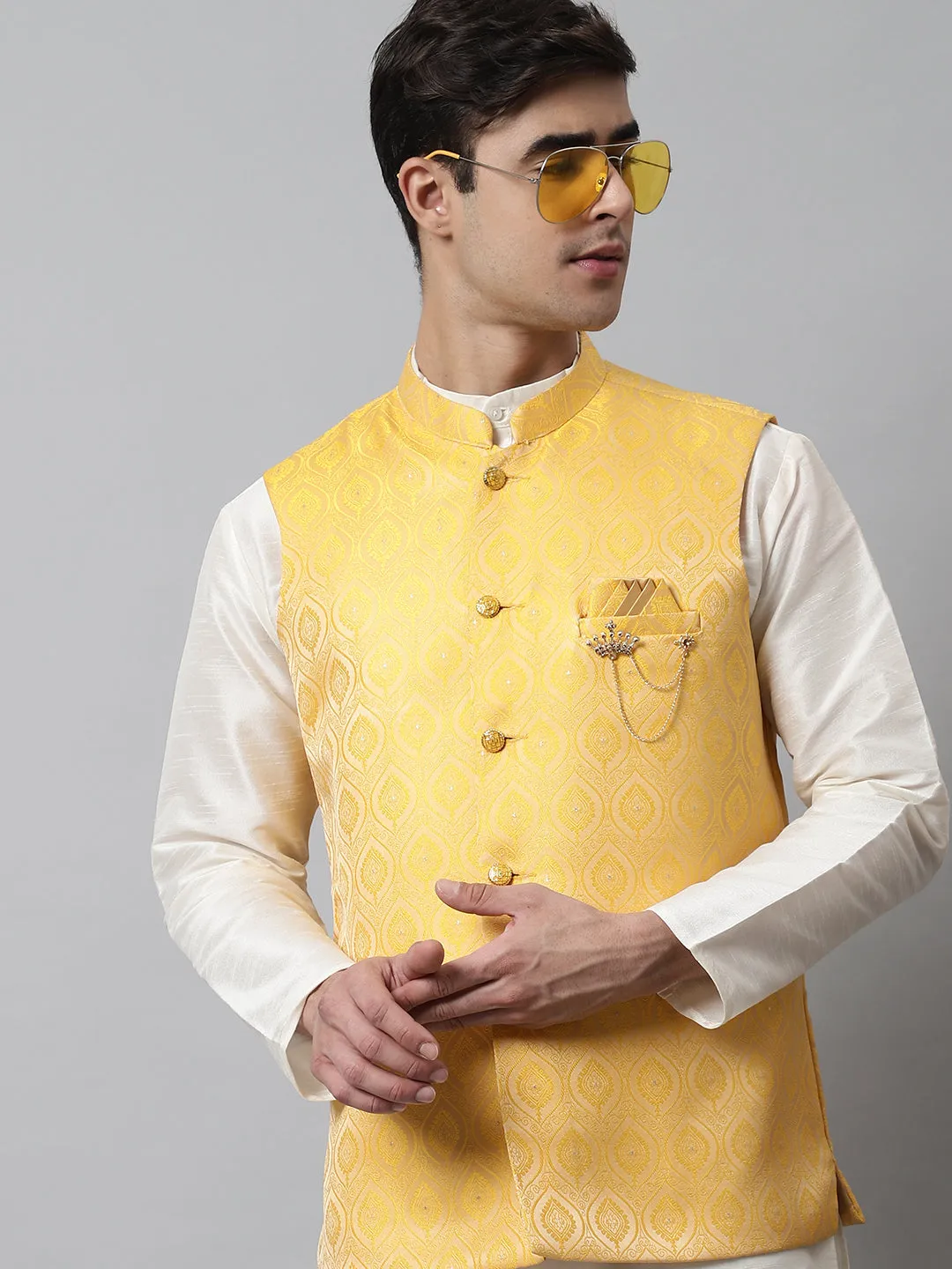 Men'S Yellow Woven Design Waistcoats