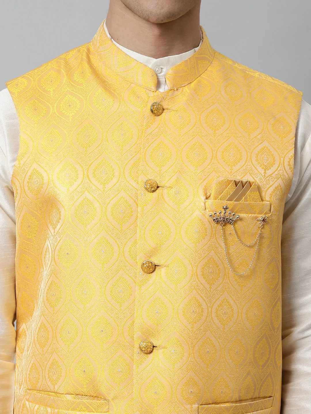 Men'S Yellow Woven Design Waistcoats