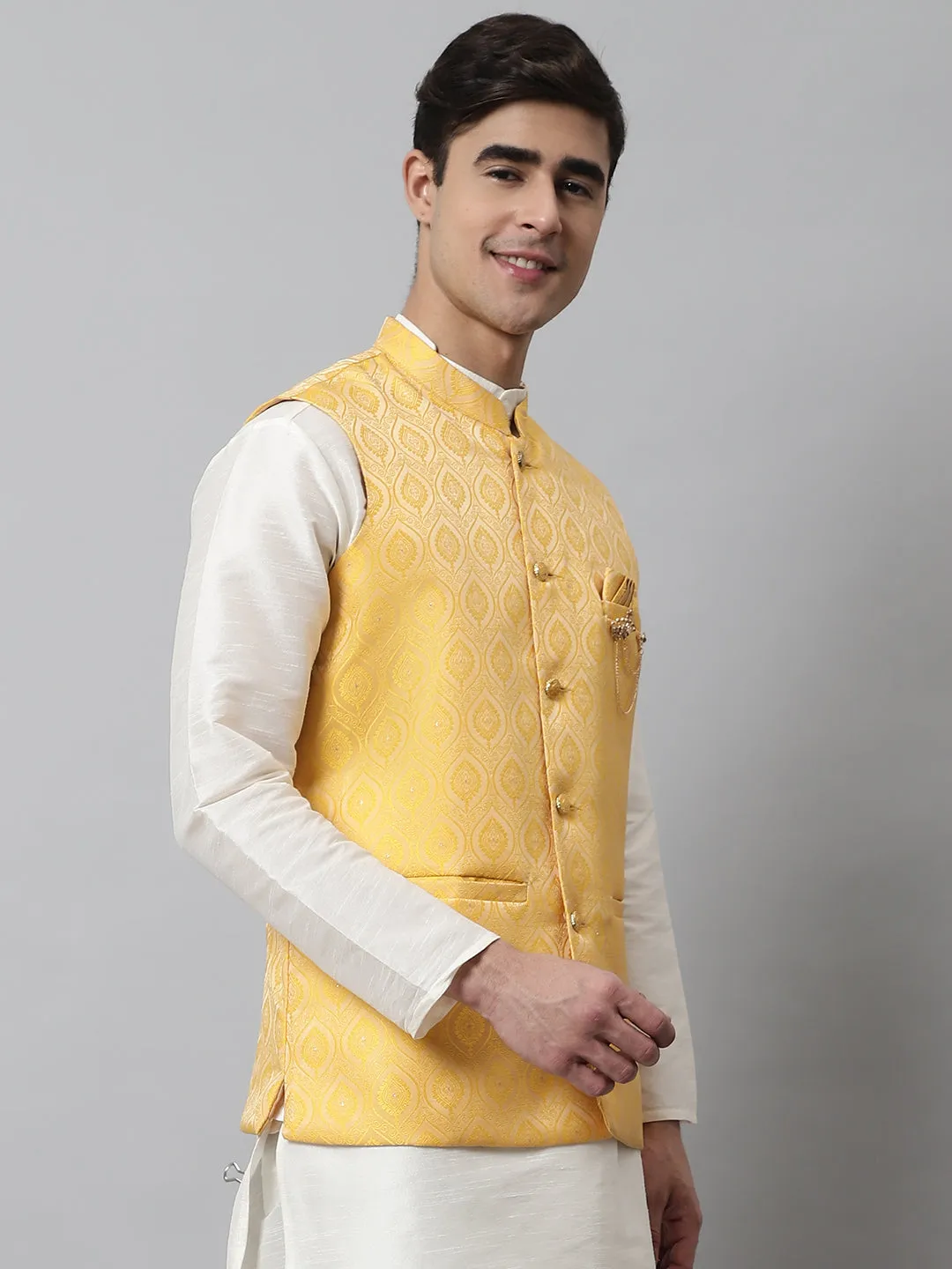 Men'S Yellow Woven Design Waistcoats