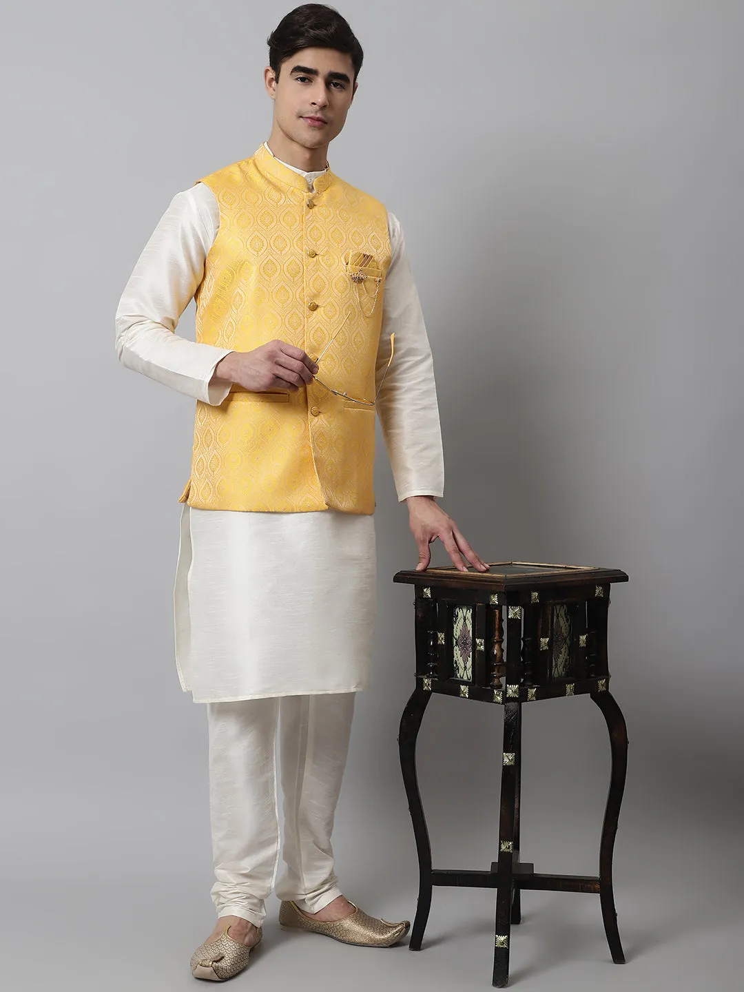 Men'S Yellow Woven Design Waistcoats