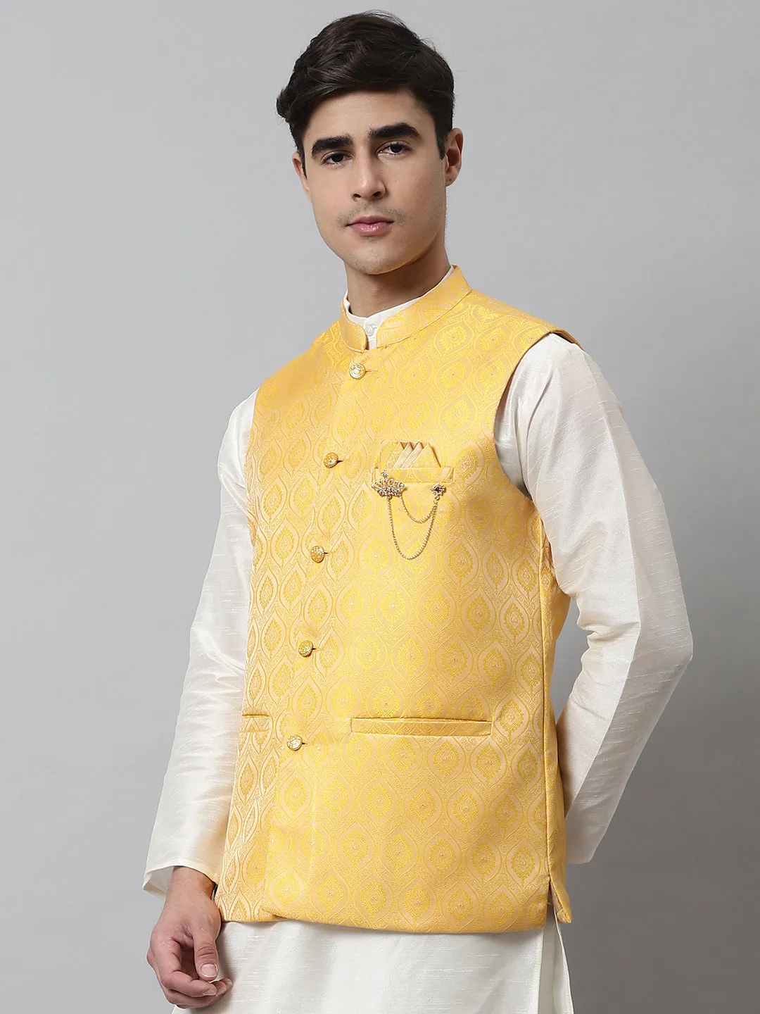Men'S Yellow Woven Design Waistcoats