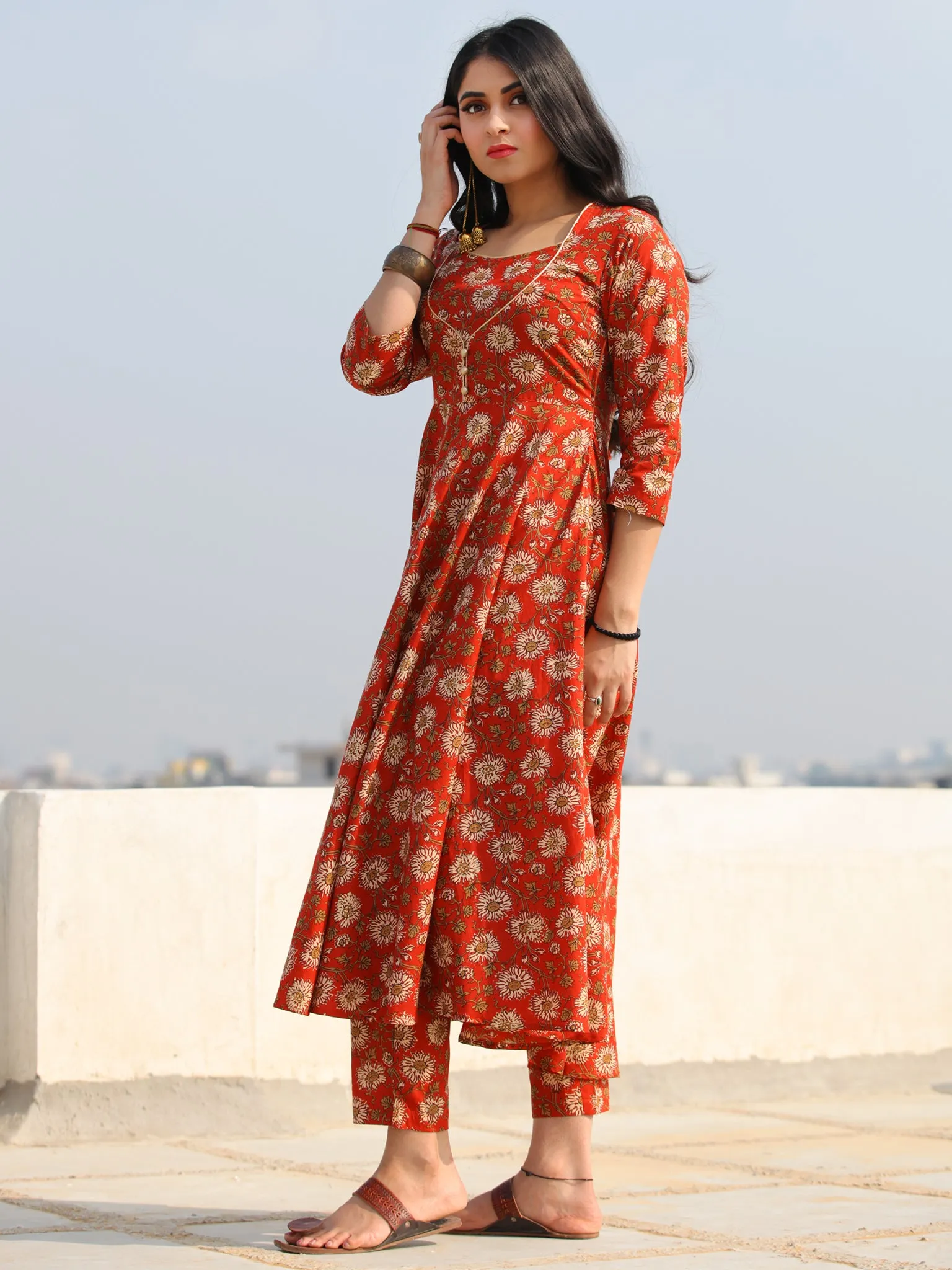 Raas Fanah - Red Block Printed Flared Kurta & Pants - KS88A2386