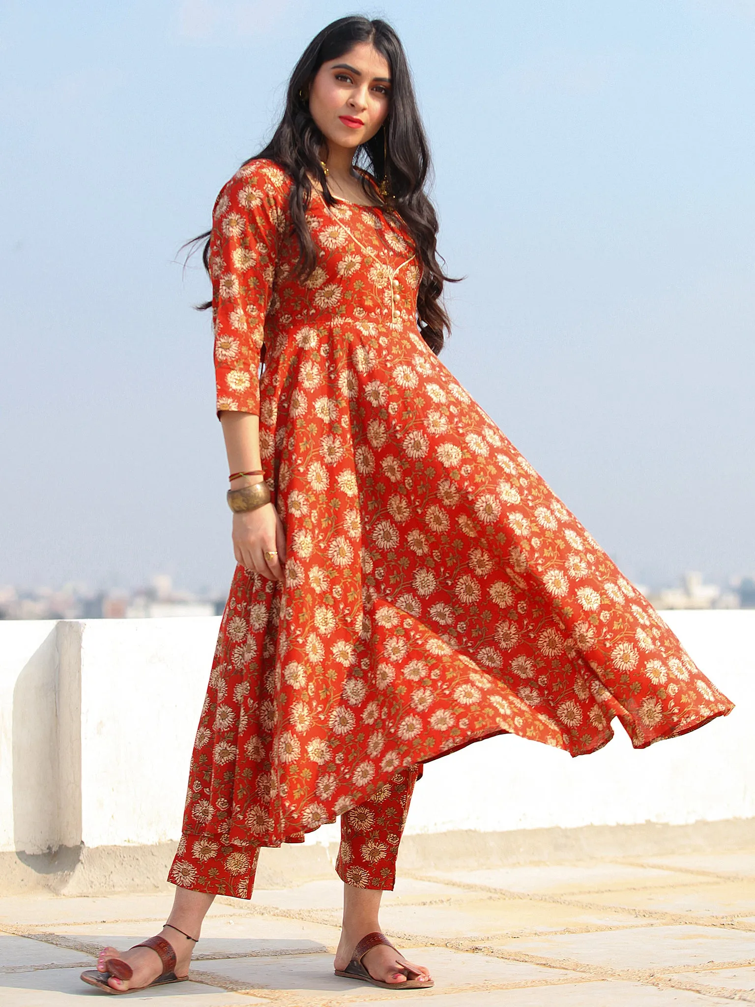 Raas Fanah - Red Block Printed Flared Kurta & Pants - KS88A2386
