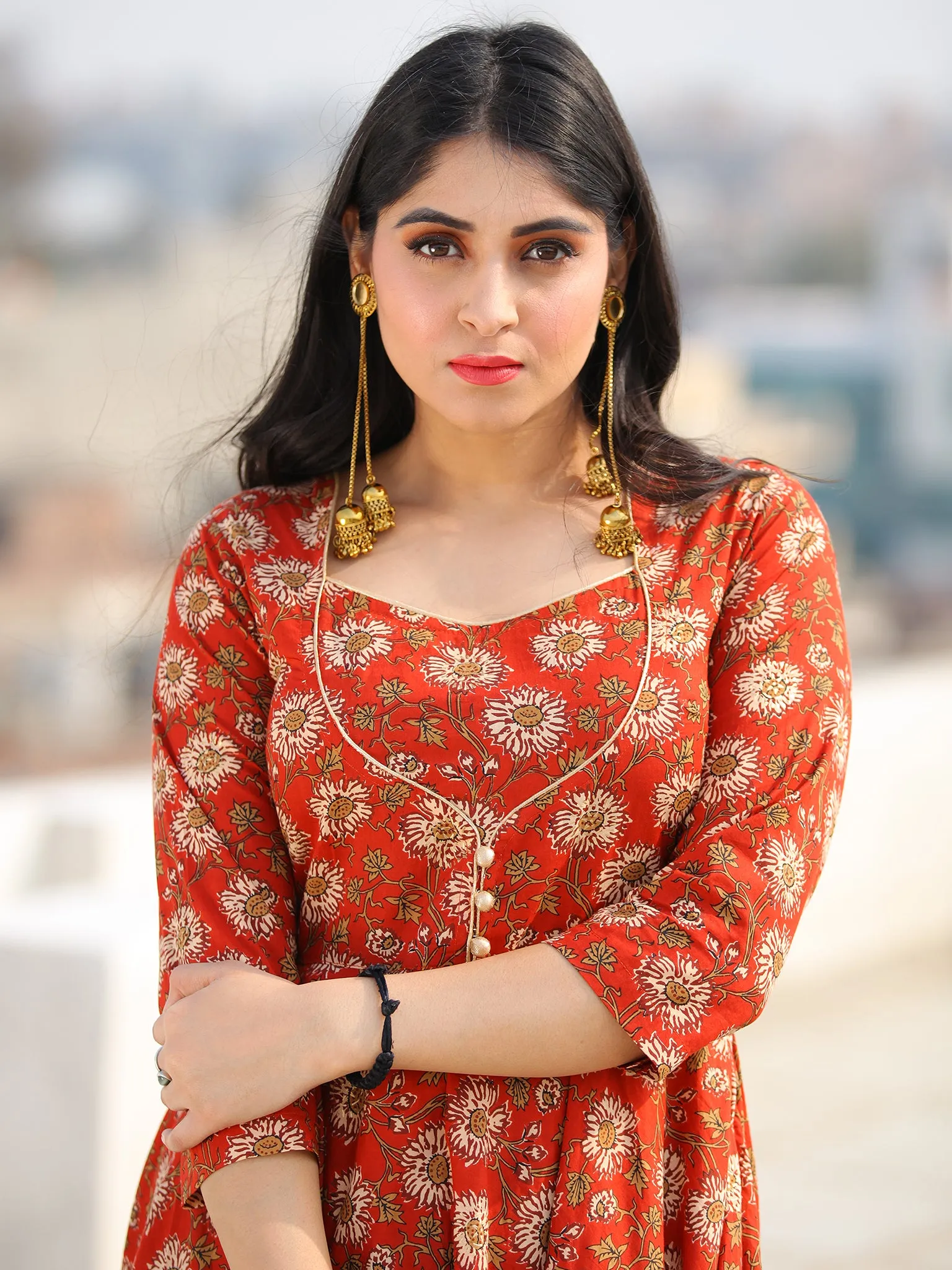 Raas Fanah - Red Block Printed Flared Kurta & Pants - KS88A2386