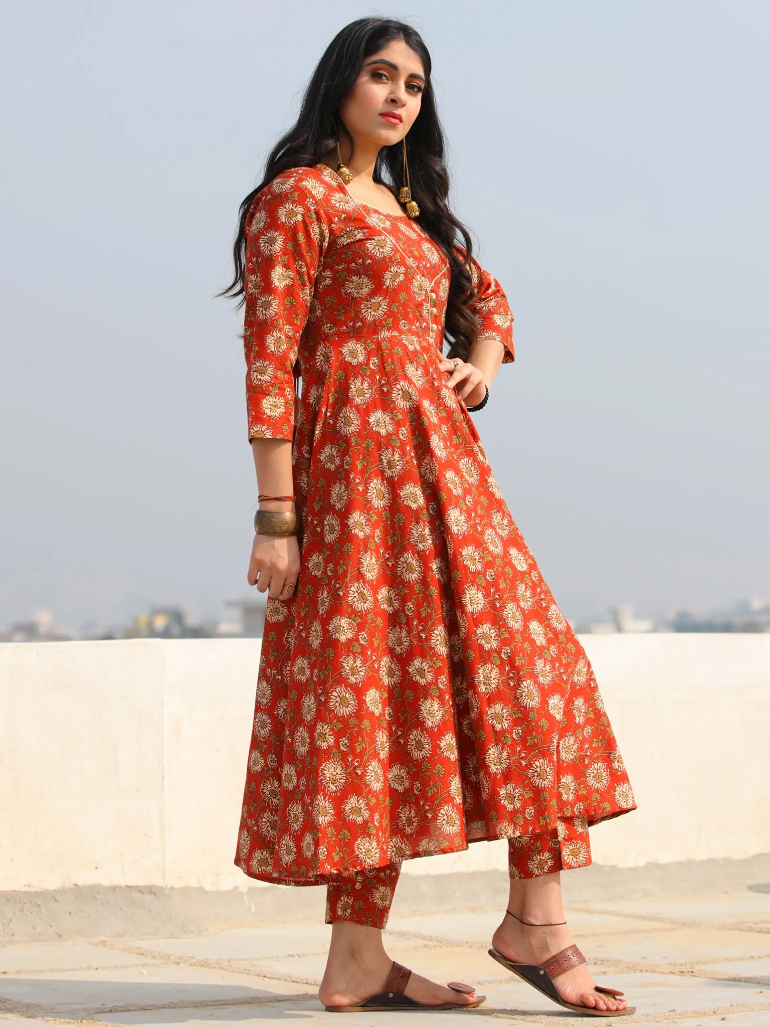 Raas Fanah - Red Block Printed Flared Kurta & Pants - KS88A2386