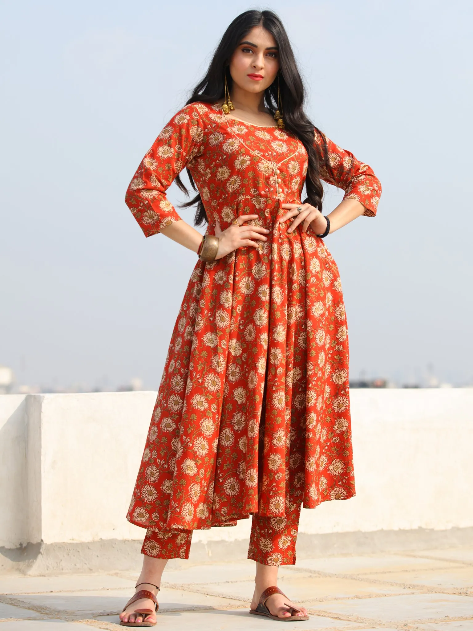 Raas Fanah - Red Block Printed Flared Kurta & Pants - KS88A2386