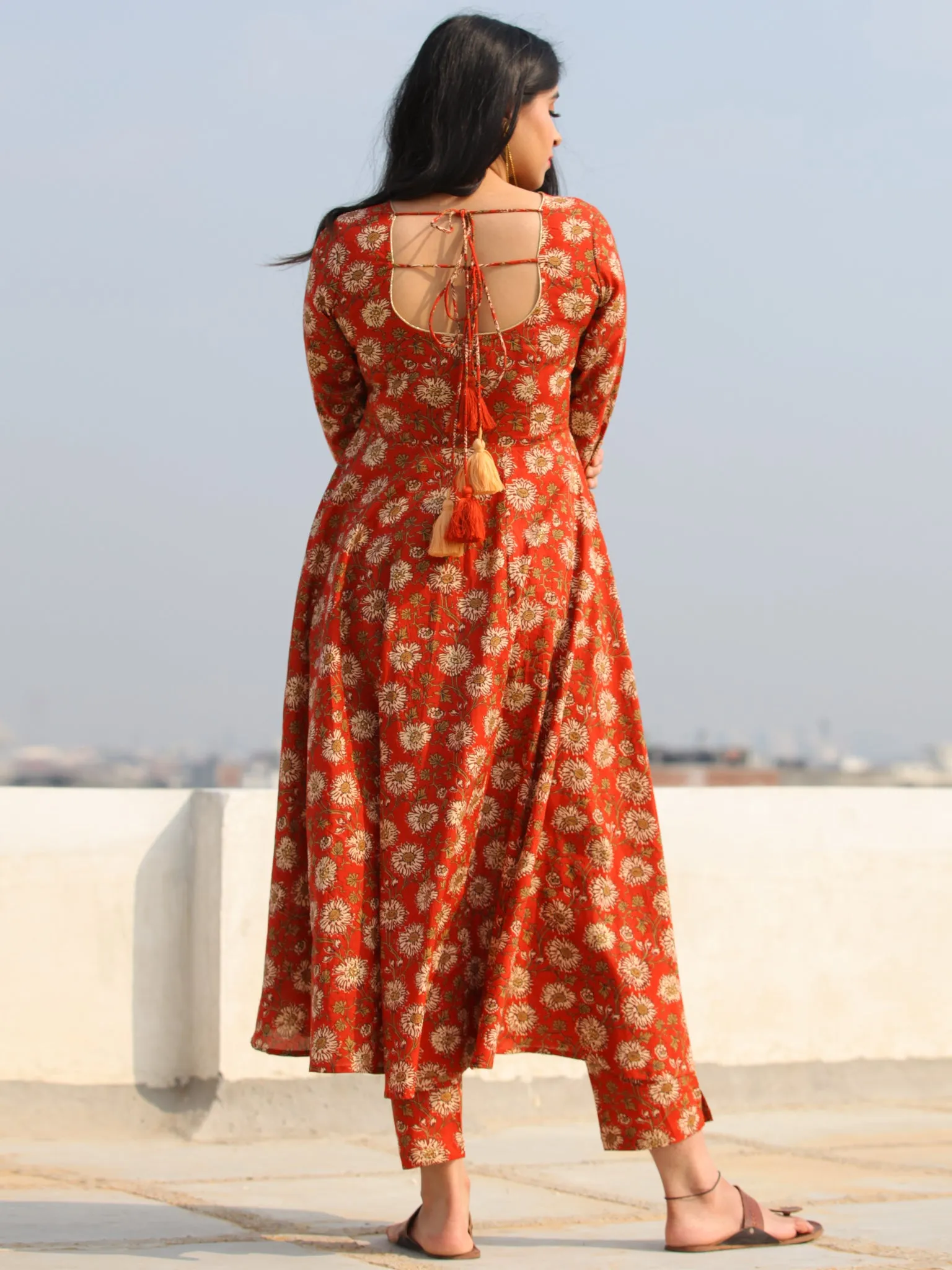 Raas Fanah - Red Block Printed Flared Kurta & Pants - KS88A2386