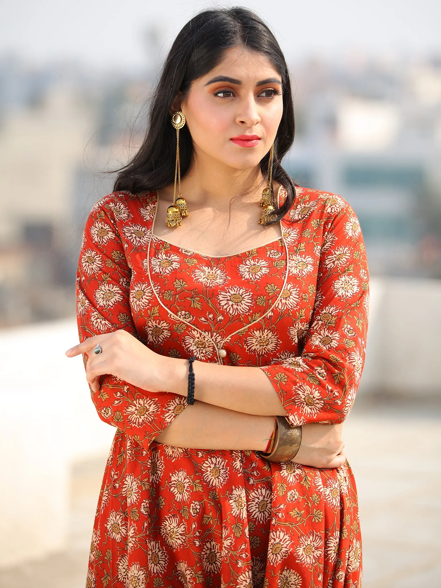 Raas Fanah - Red Block Printed Flared Kurta & Pants - KS88A2386