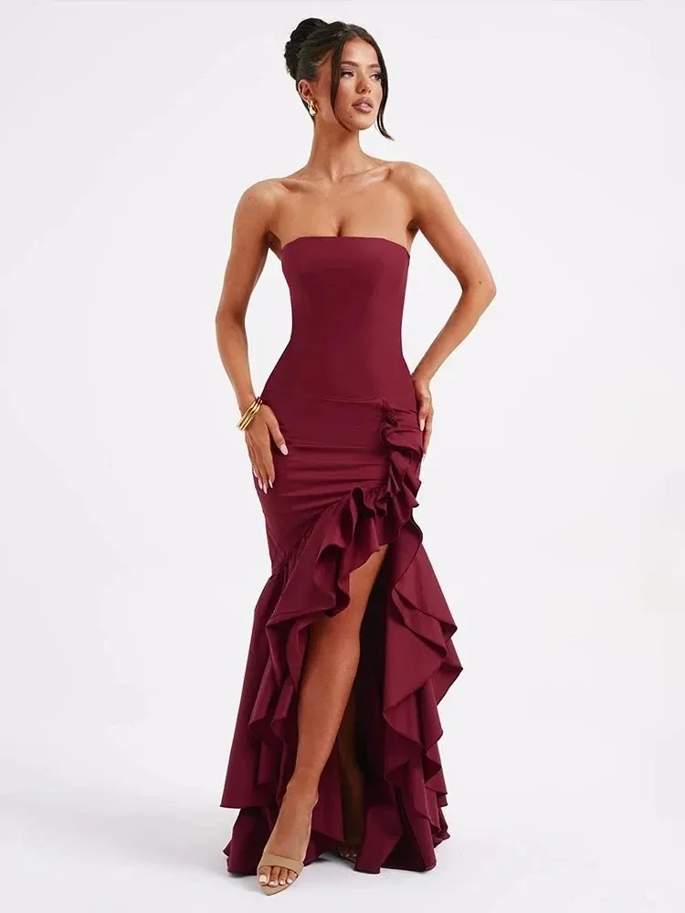 Ruffles High Split Nightclub Sexy Party Dress Women Slim Bodycon Summer Dress Elegant Maxi Long Dresses