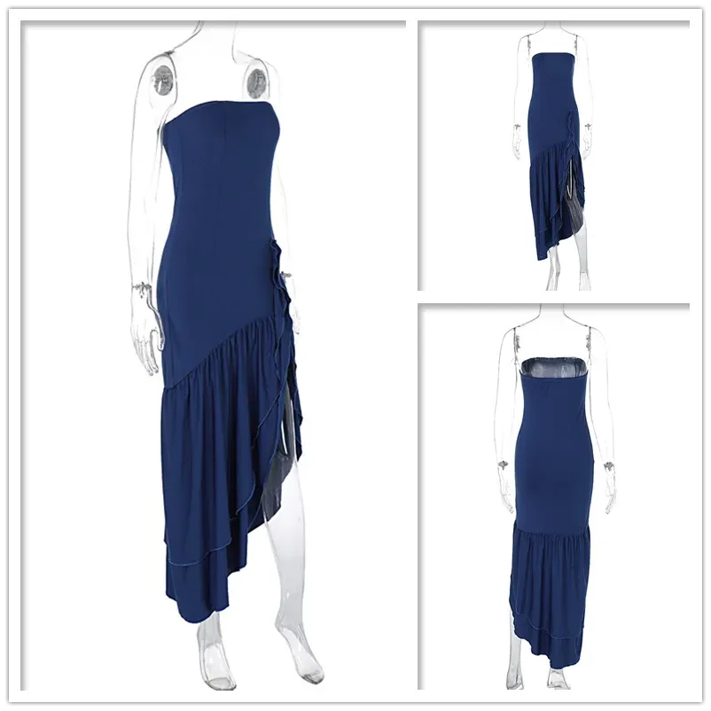 Ruffles High Split Nightclub Sexy Party Dress Women Slim Bodycon Summer Dress Elegant Maxi Long Dresses