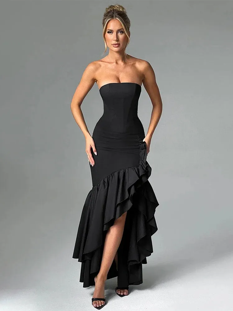 Ruffles High Split Nightclub Sexy Party Dress Women Slim Bodycon Summer Dress Elegant Maxi Long Dresses
