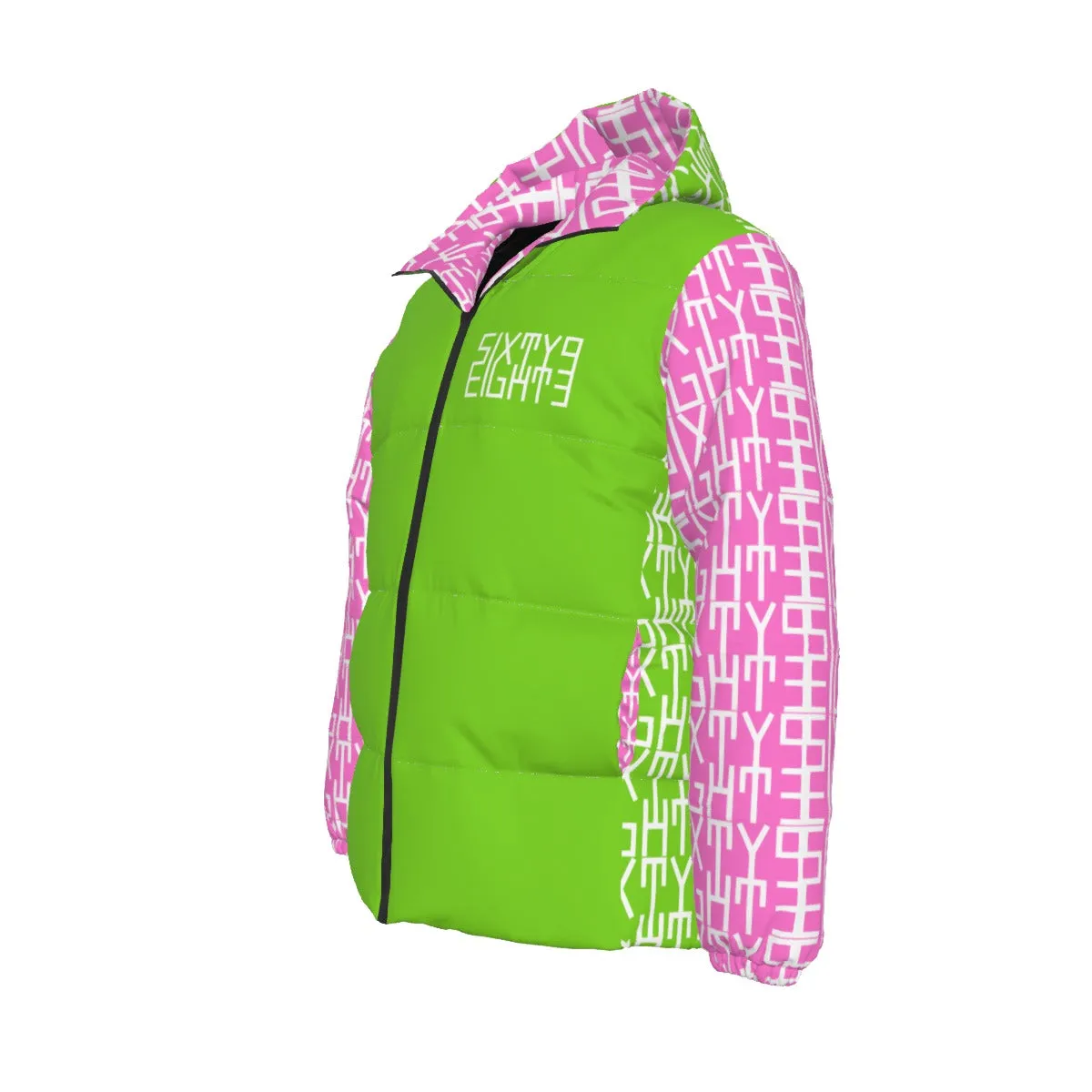 Sixty Eight 93 Infinity Logo White Green Apple & Pink Unisex Hooded Puffer Jacket