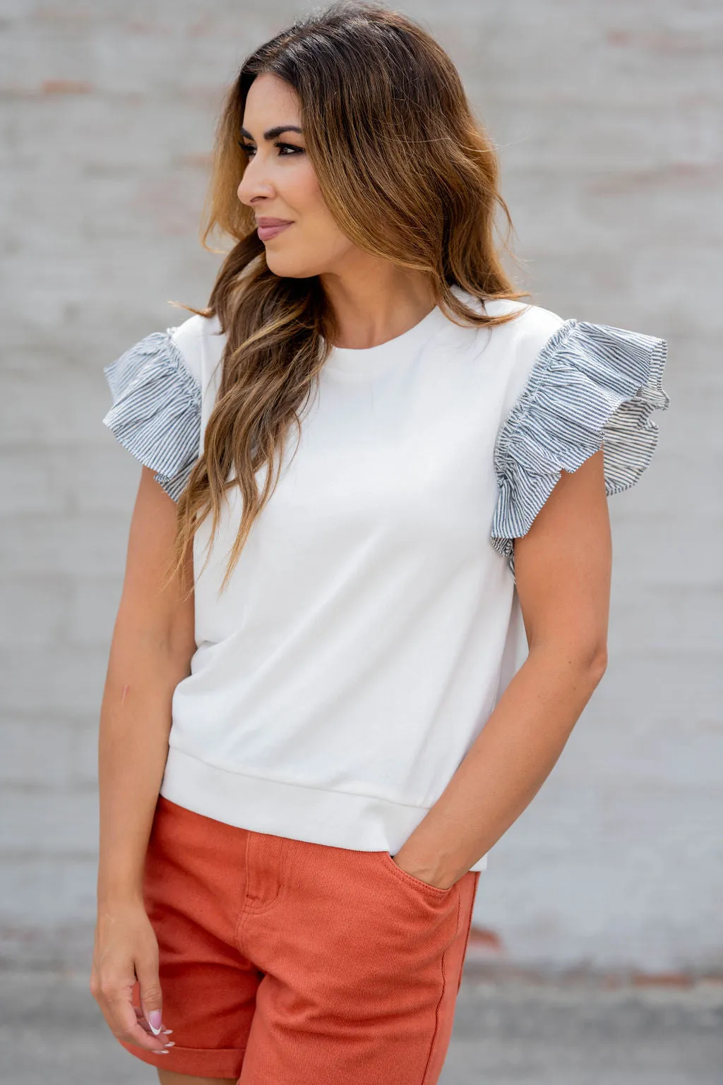Striped Flutter Trim Sweatshirt Tee