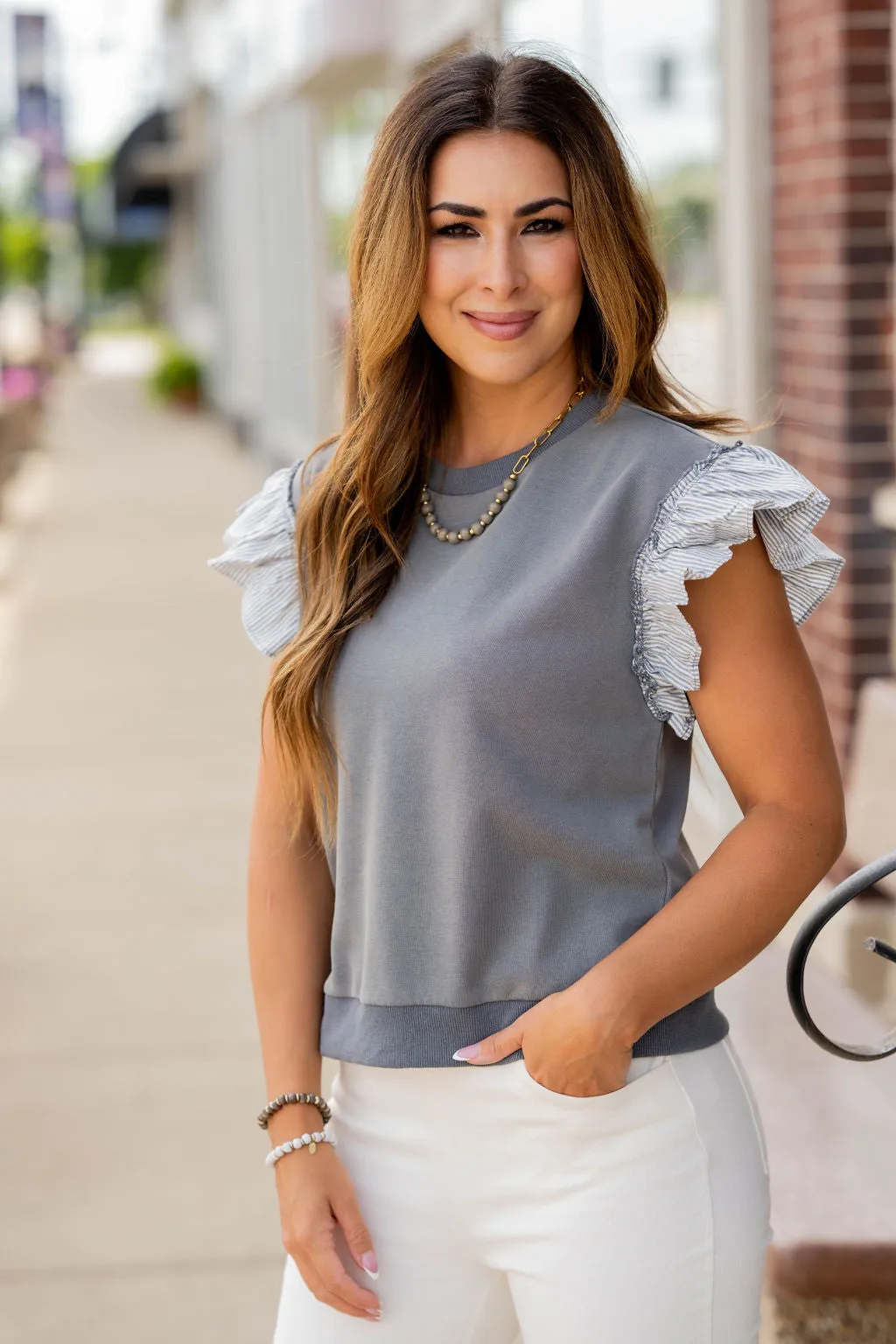 Striped Flutter Trim Sweatshirt Tee