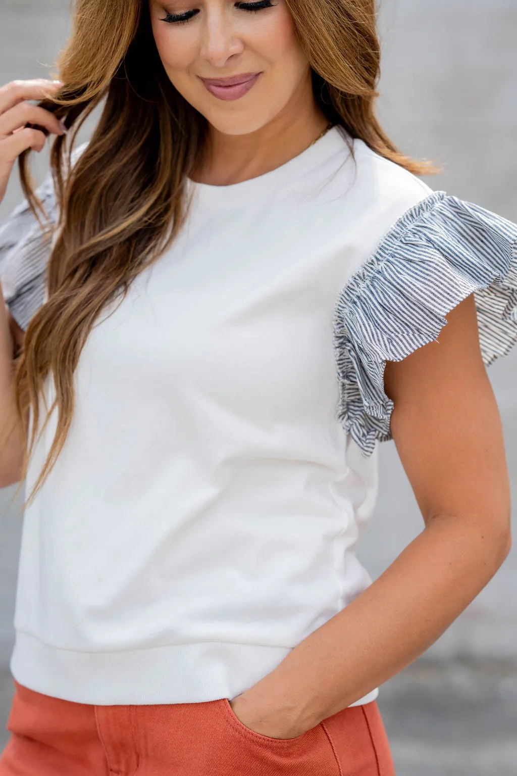 Striped Flutter Trim Sweatshirt Tee