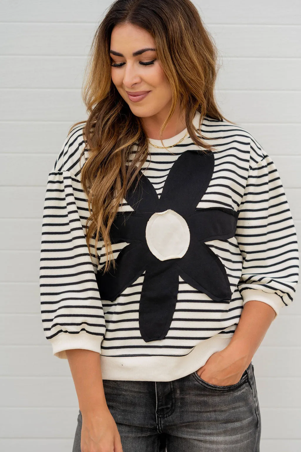 Striped Stitched Floral 3/4 Sleeve Sweatshirt
