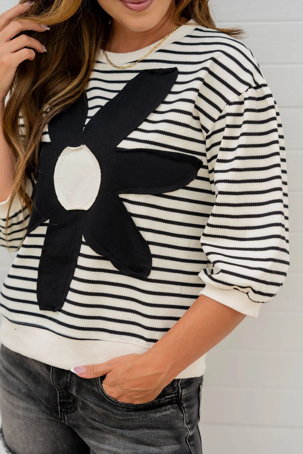 Striped Stitched Floral 3/4 Sleeve Sweatshirt