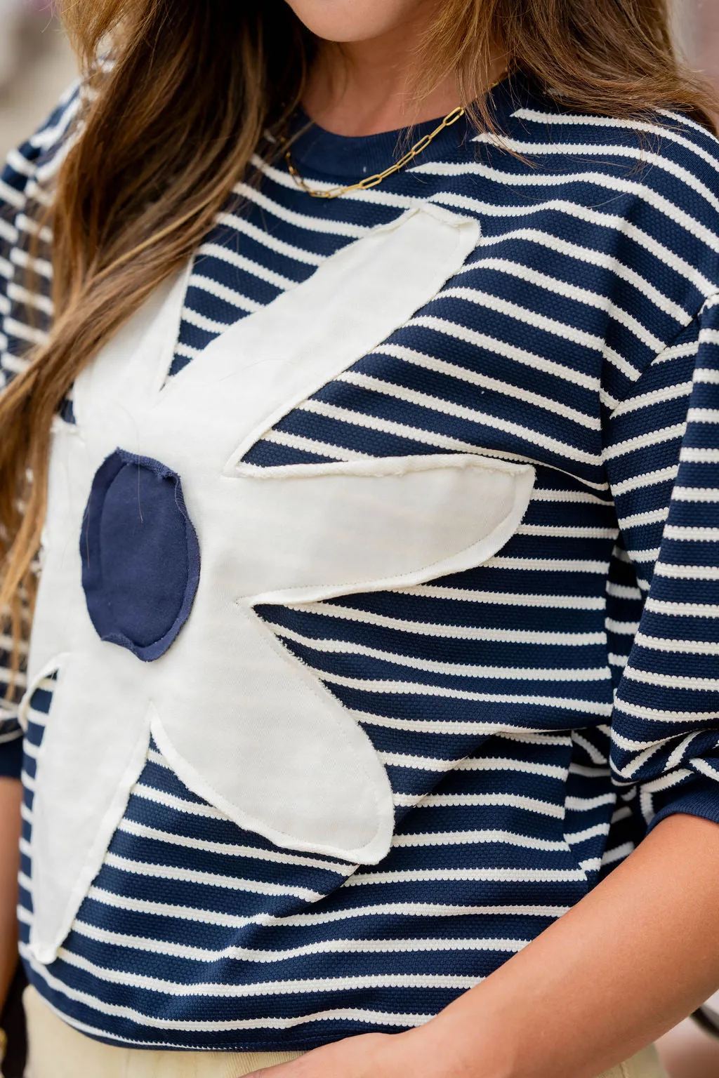 Striped Stitched Floral 3/4 Sleeve Sweatshirt