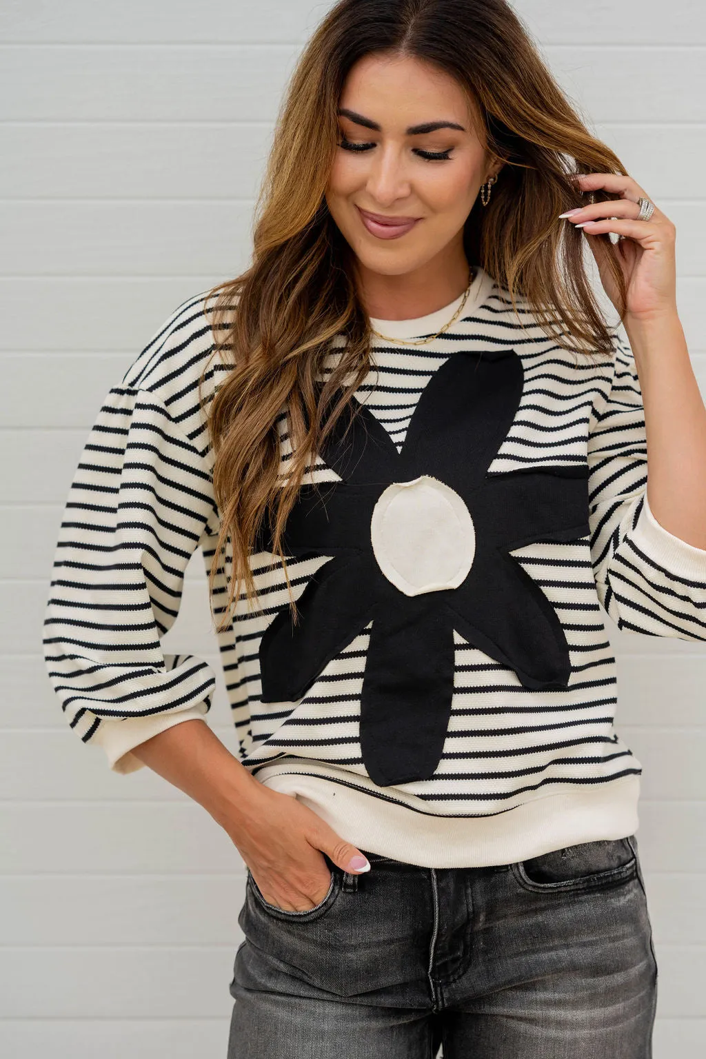 Striped Stitched Floral 3/4 Sleeve Sweatshirt