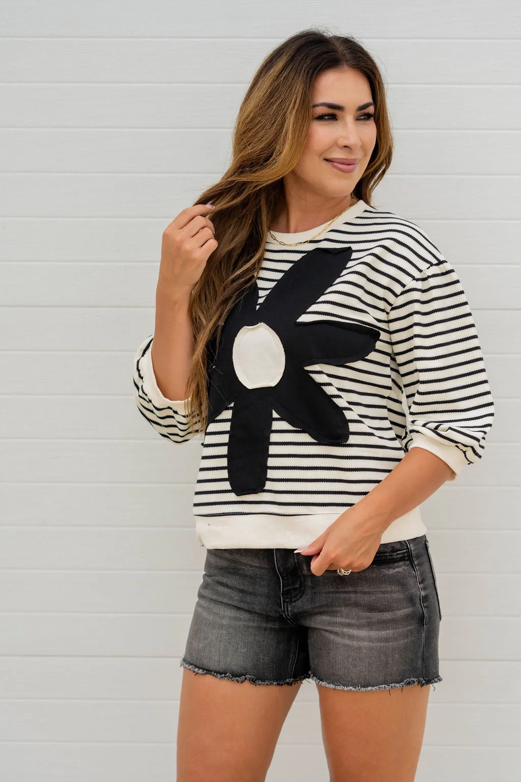 Striped Stitched Floral 3/4 Sleeve Sweatshirt