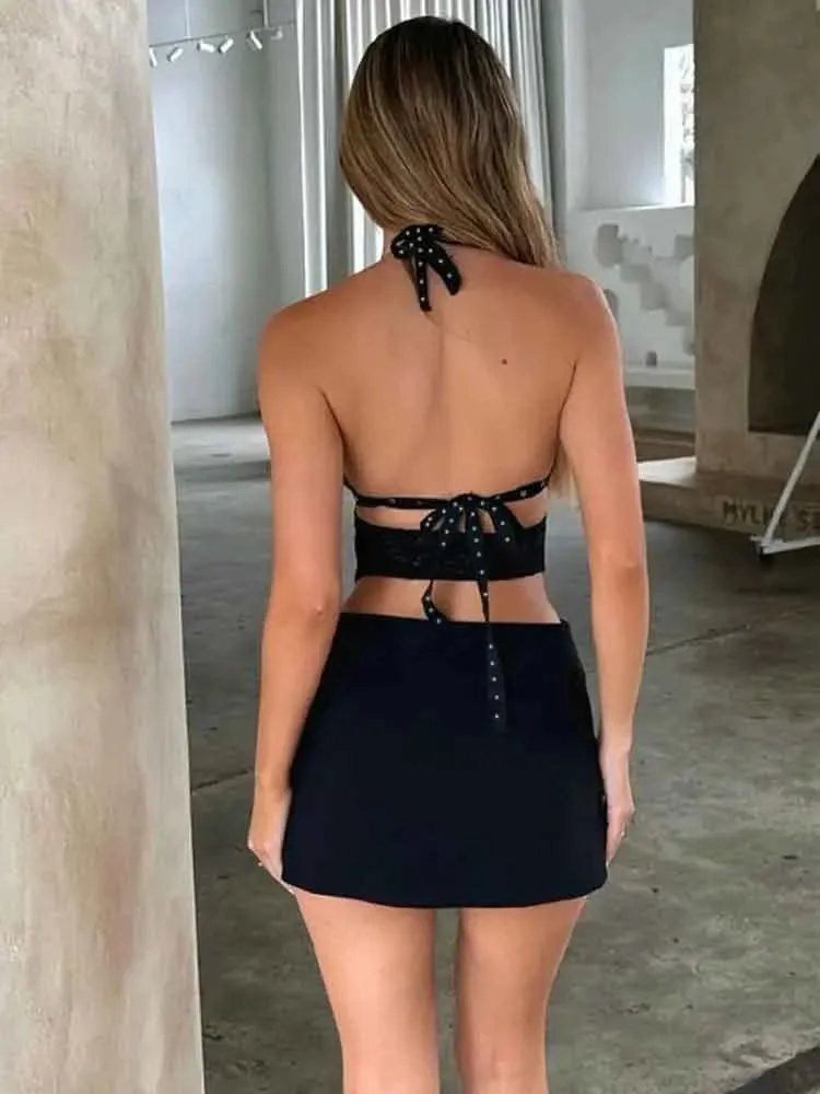 Toleet-Black Halter Button Hollow Out Holiday Casual Dress Women 2024 Elegant Sexy Dress Bodycon Mini Summer Dress Vestidos
