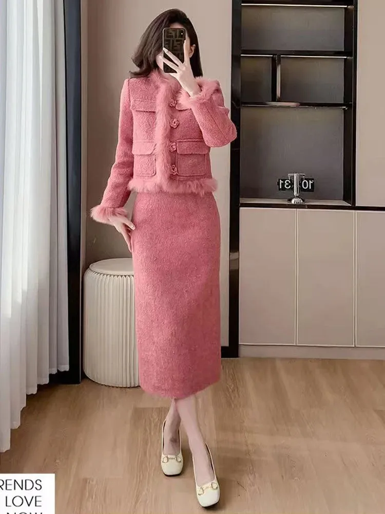 Toleet-Winter Outfits Christmas Black Friday Two Piece Long Fur Skirt Dress Women Single Breasted Woolen Jacket Coat Sheath Dress for Women Elegant Formal 2pc Work Dress