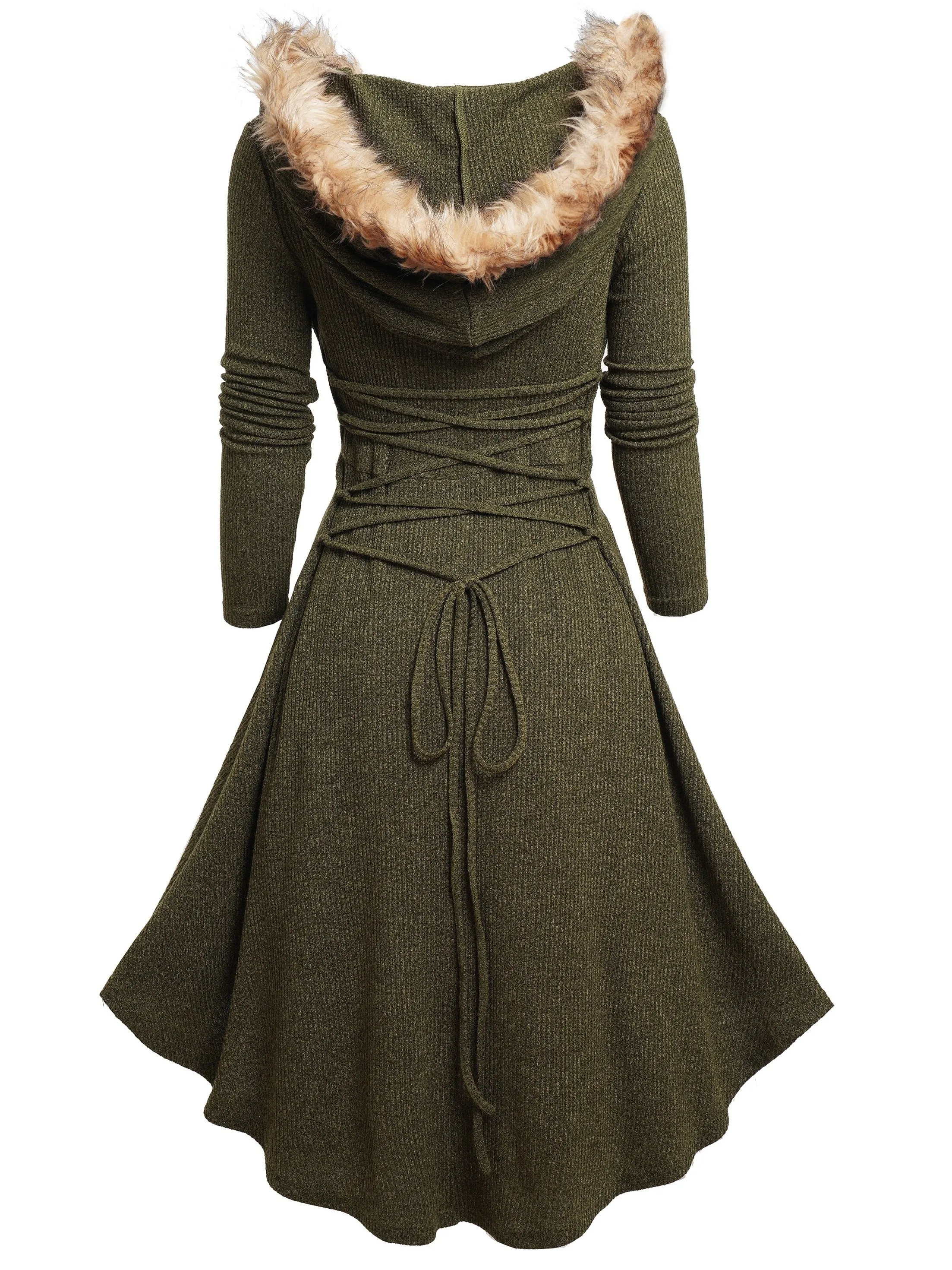 Women'S Long Sleeve Knit Dress with Hood, Faux Fur Trim, Ruched Waist, A-Line Skirt, Casual Style, Polyester & Spandex Blend, Solid Color, Autumn/Winter Fashion, Regular Fit, Adult Size