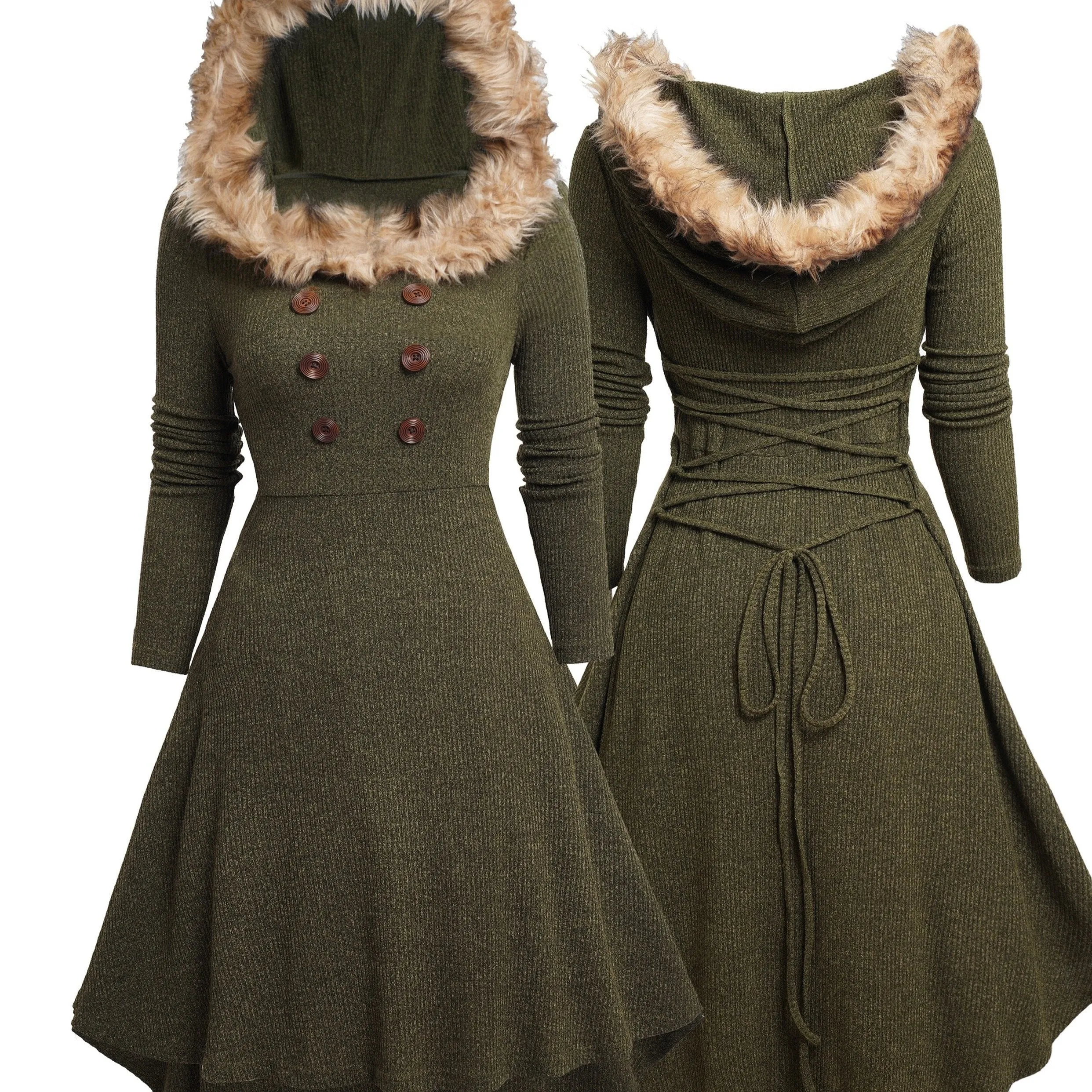 Women'S Long Sleeve Knit Dress with Hood, Faux Fur Trim, Ruched Waist, A-Line Skirt, Casual Style, Polyester & Spandex Blend, Solid Color, Autumn/Winter Fashion, Regular Fit, Adult Size