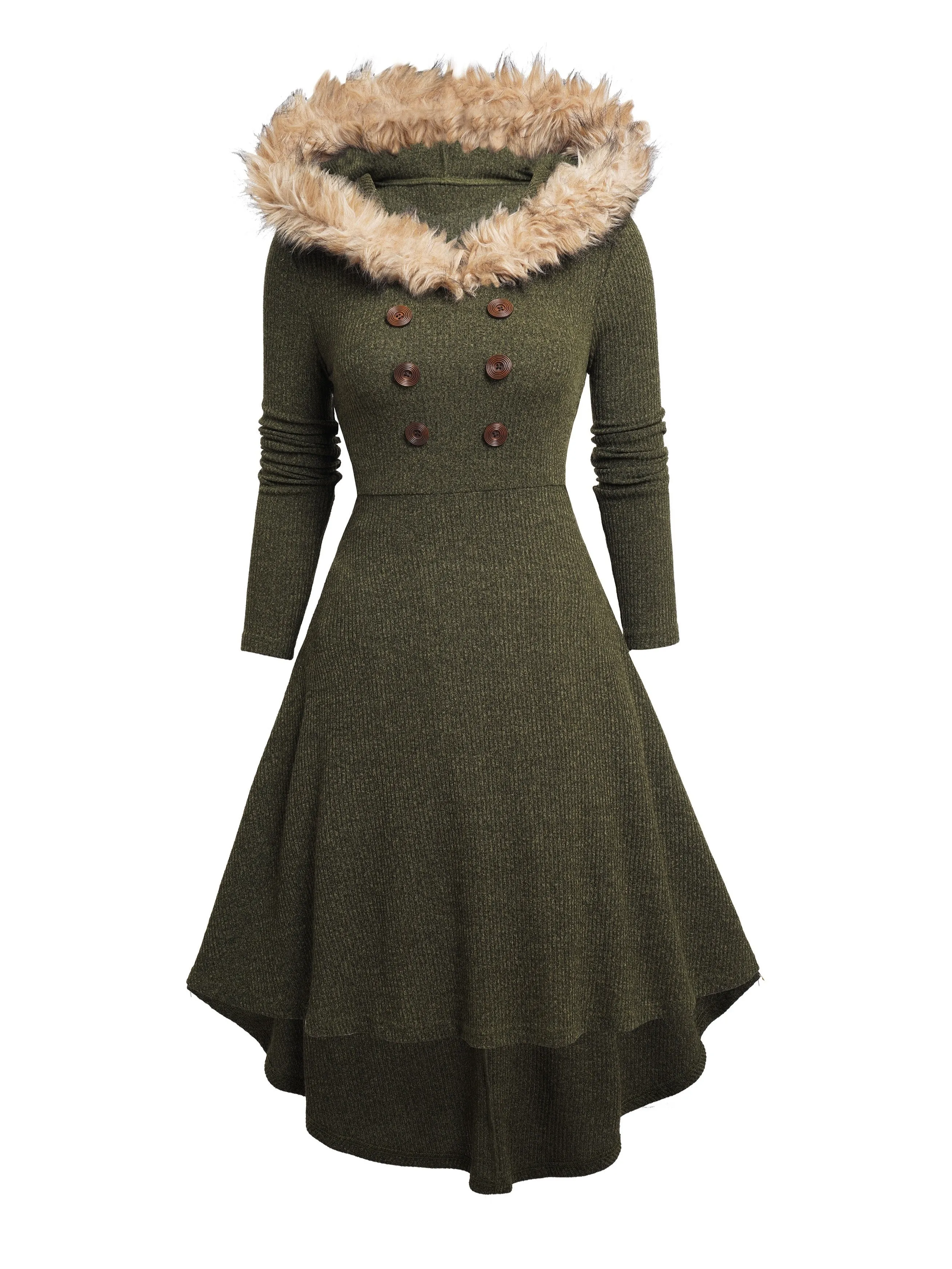 Women'S Long Sleeve Knit Dress with Hood, Faux Fur Trim, Ruched Waist, A-Line Skirt, Casual Style, Polyester & Spandex Blend, Solid Color, Autumn/Winter Fashion, Regular Fit, Adult Size